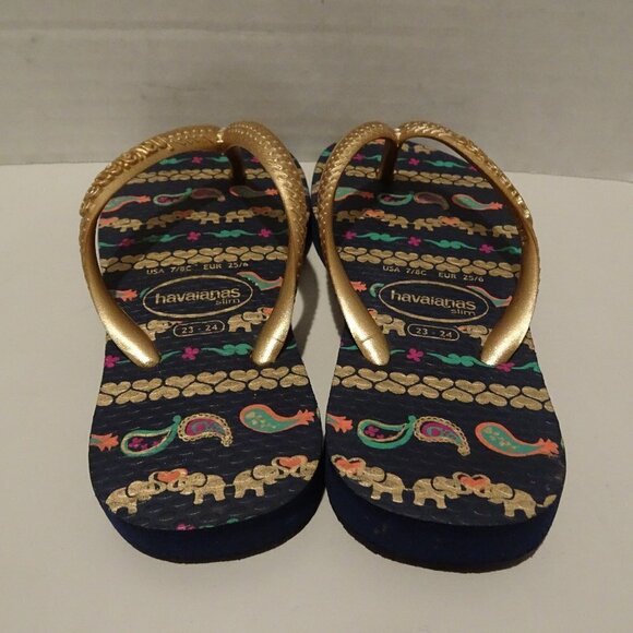 HAVAIANAS Blue Gold Green Elephant Little Girl Slim Flip Flops Size 7/8 Sandals - Picture 1 of 3